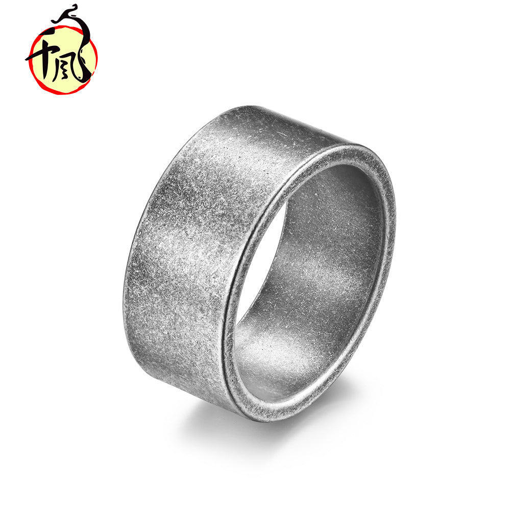 Silver 10mm wide simple inside and outside flat matte brushed titanium steel ring retro silver men's hip hop ring bracelet