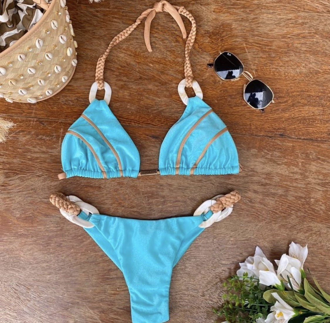 Swimsuit New AliExpress Amazon Solid Color Strap Bikini European and American Sexy Swimwear