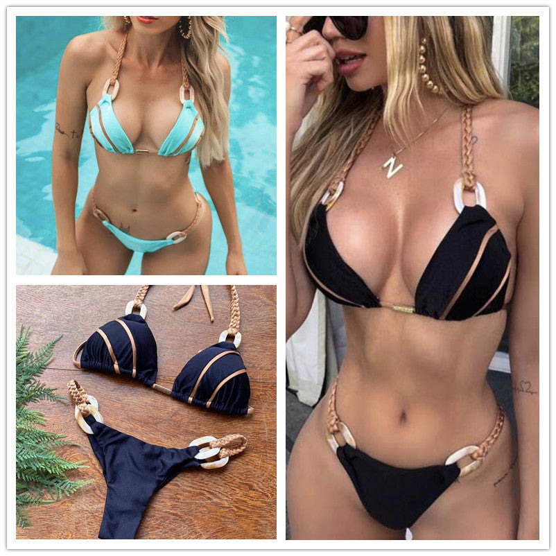 Swimsuit New AliExpress Amazon Solid Color Strap Bikini European and American Sexy Swimwear