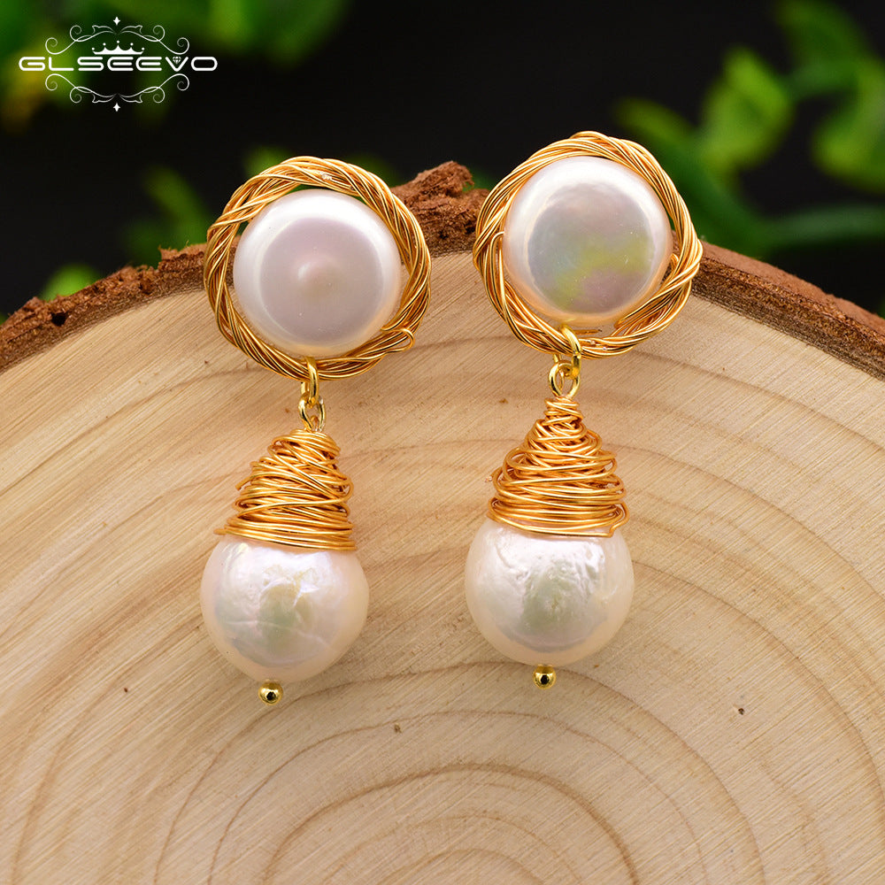 Natural Pearl original design natural freshwater pearl earrings gold-plated hand-wound earrings female fashion jewelry