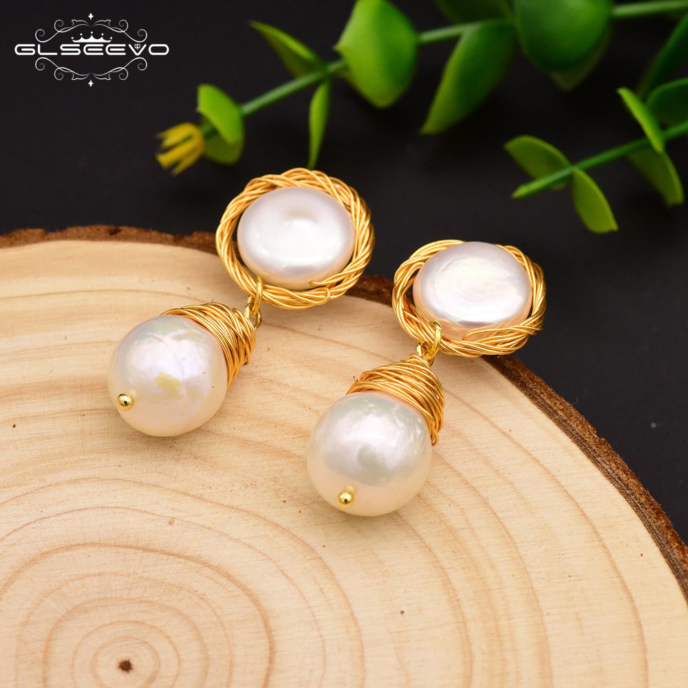 Natural Pearl original design natural freshwater pearl earrings gold-plated hand-wound earrings female fashion jewelry