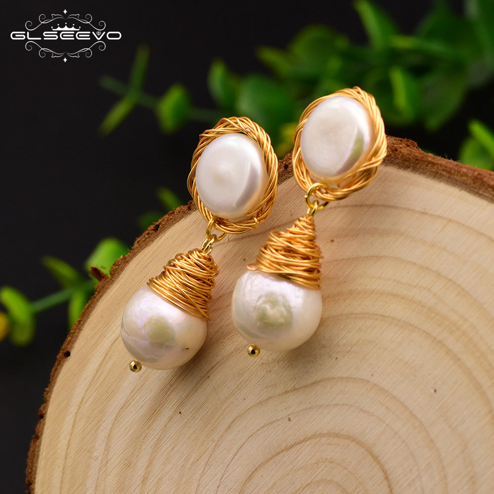 Natural Pearl original design natural freshwater pearl earrings gold-plated hand-wound earrings female fashion jewelry