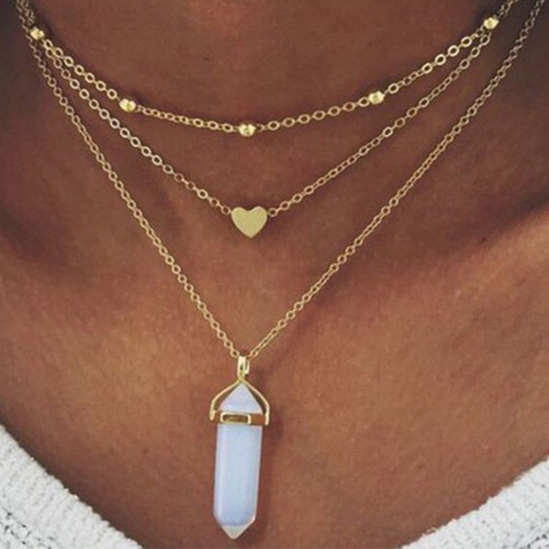 Crystal Jewelry Fashion Trend Street Shooting Jewelry Copper Peach Heart Crystal Pendant Multilayer Necklace