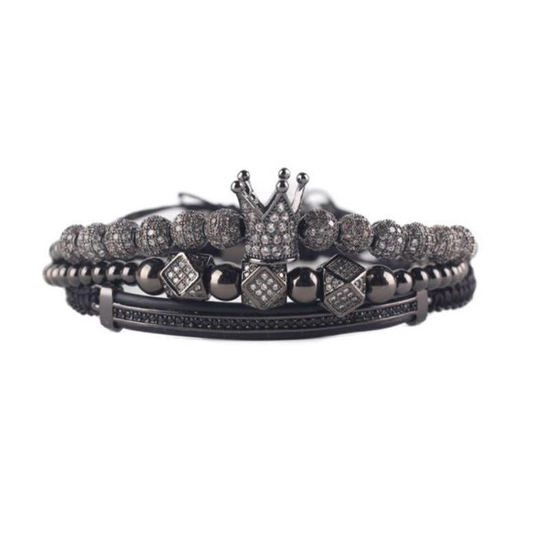 3pcs/set Luxury CZ polygon ball crown Charm copper bead Macrame handmade men Bracelets set bracelets & bangles for Men Jewelry