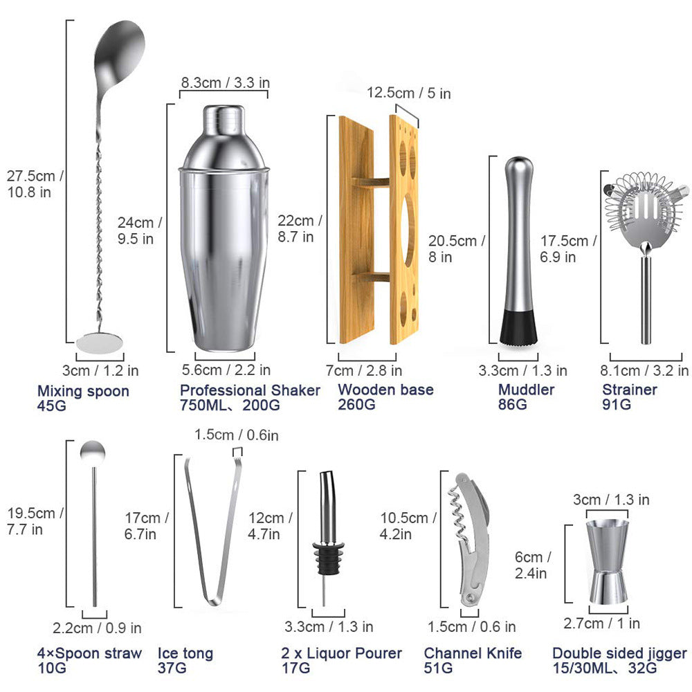 304 stainless steel cocktail shaker cocktail bartending tools 14-piece set CG817 cocktail drink portable