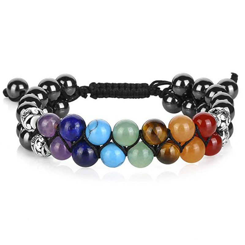 Natural Stone Volcanic Lava Stone Double Row Bracelet Colorful Lava Stone Woven Adjustable Double Layer Bracelet