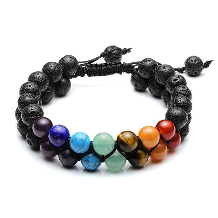 Natural Stone Volcanic Lava Stone Double Row Bracelet Colorful Lava Stone Woven Adjustable Double Layer Bracelet