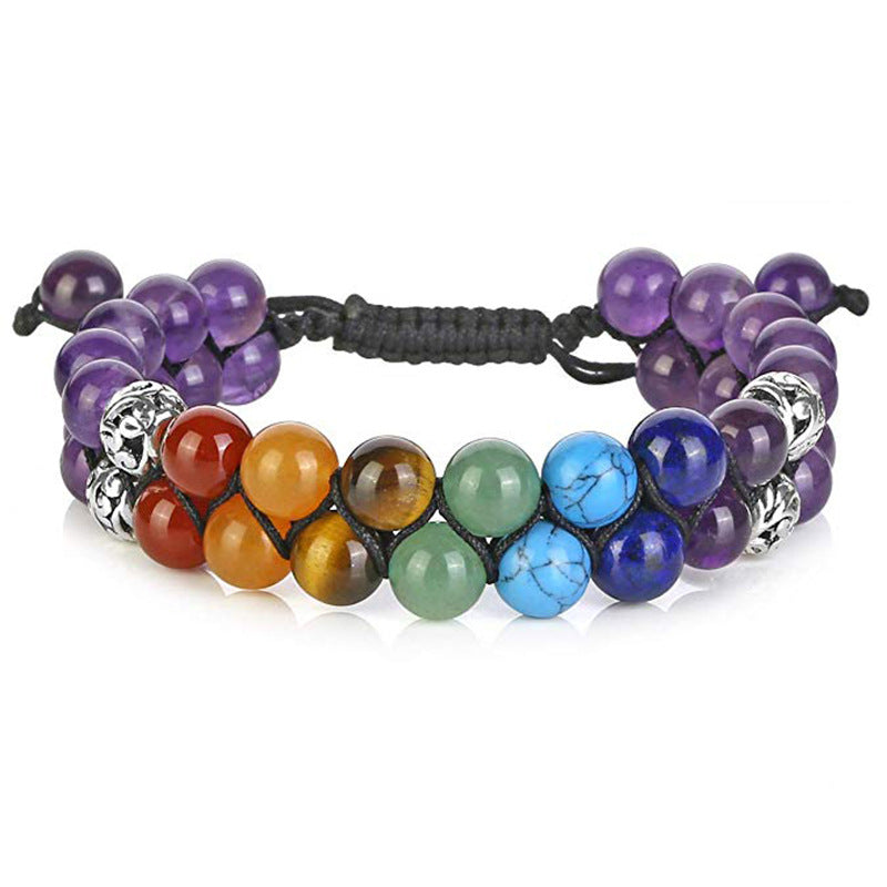 Natural Stone Volcanic Lava Stone Double Row Bracelet Colorful Lava Stone Woven Adjustable Double Layer Bracelet