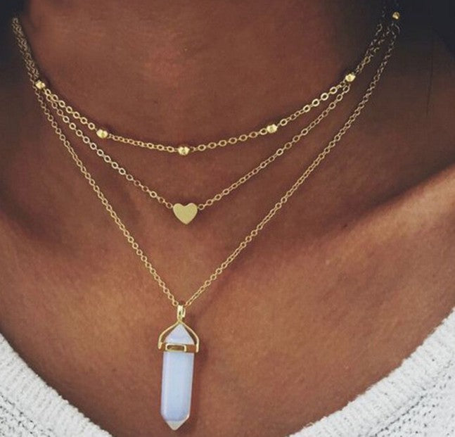 Crystal Jewelry Fashion Trend Street Shooting Jewelry Copper Peach Heart Crystal Pendant Multilayer Necklace