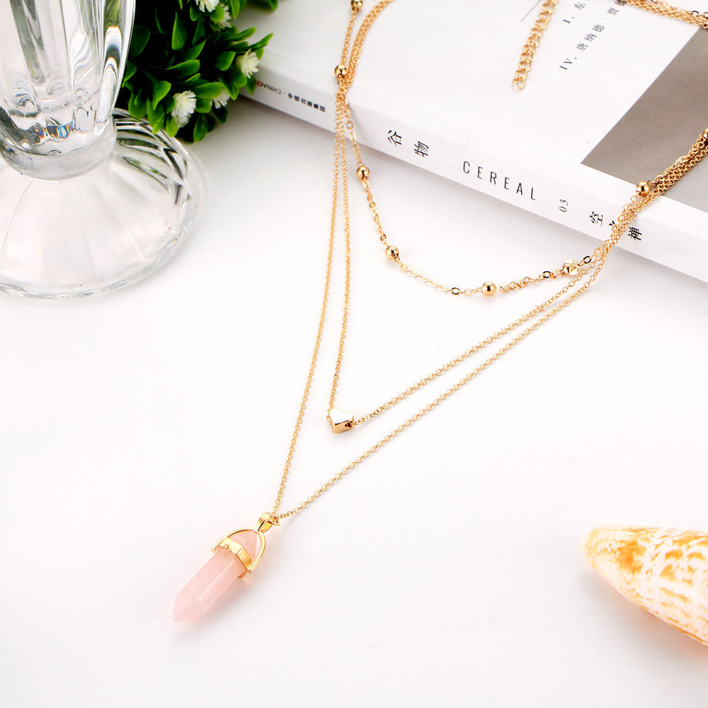 Crystal Jewelry Fashion Trend Street Shooting Jewelry Copper Peach Heart Crystal Pendant Multilayer Necklace