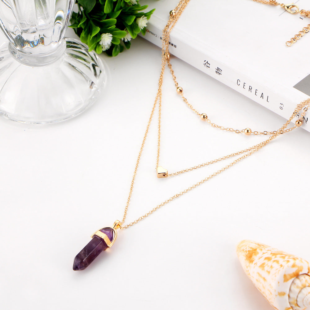 Crystal Jewelry Fashion Trend Street Shooting Jewelry Copper Peach Heart Crystal Pendant Multilayer Necklace