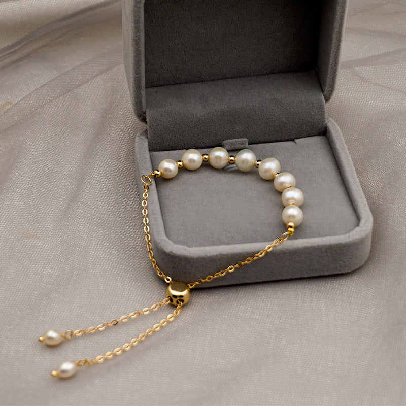 Freshwater pearl simple bracelet female pull niche design ins titanium steel chain bracelet jewelry 14k color