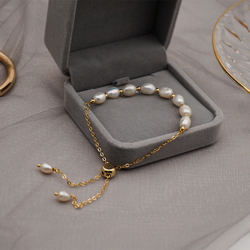 Freshwater pearl simple bracelet female pull niche design ins titanium steel chain bracelet jewelry 14k color