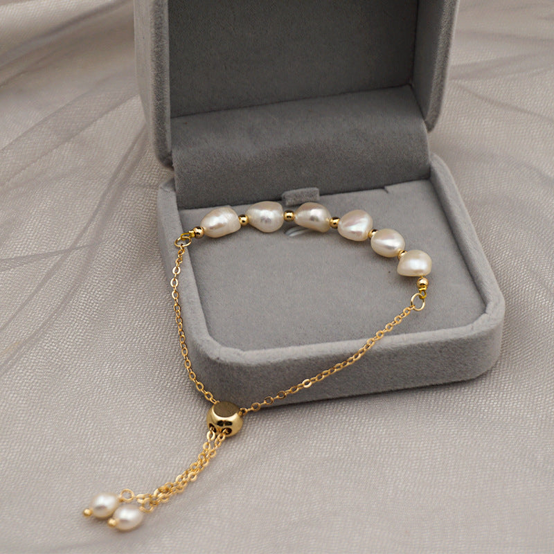 Freshwater pearl simple bracelet female pull niche design ins titanium steel chain bracelet jewelry 14k color