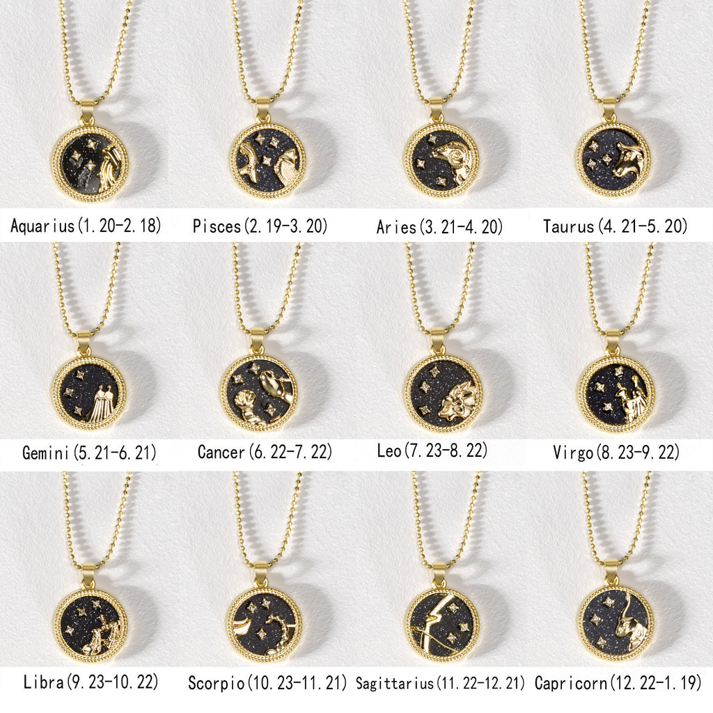 12 Constellation Necklace Creative Gold Day and Night 2 faces Couple Paper Card Necklace Jewelry
