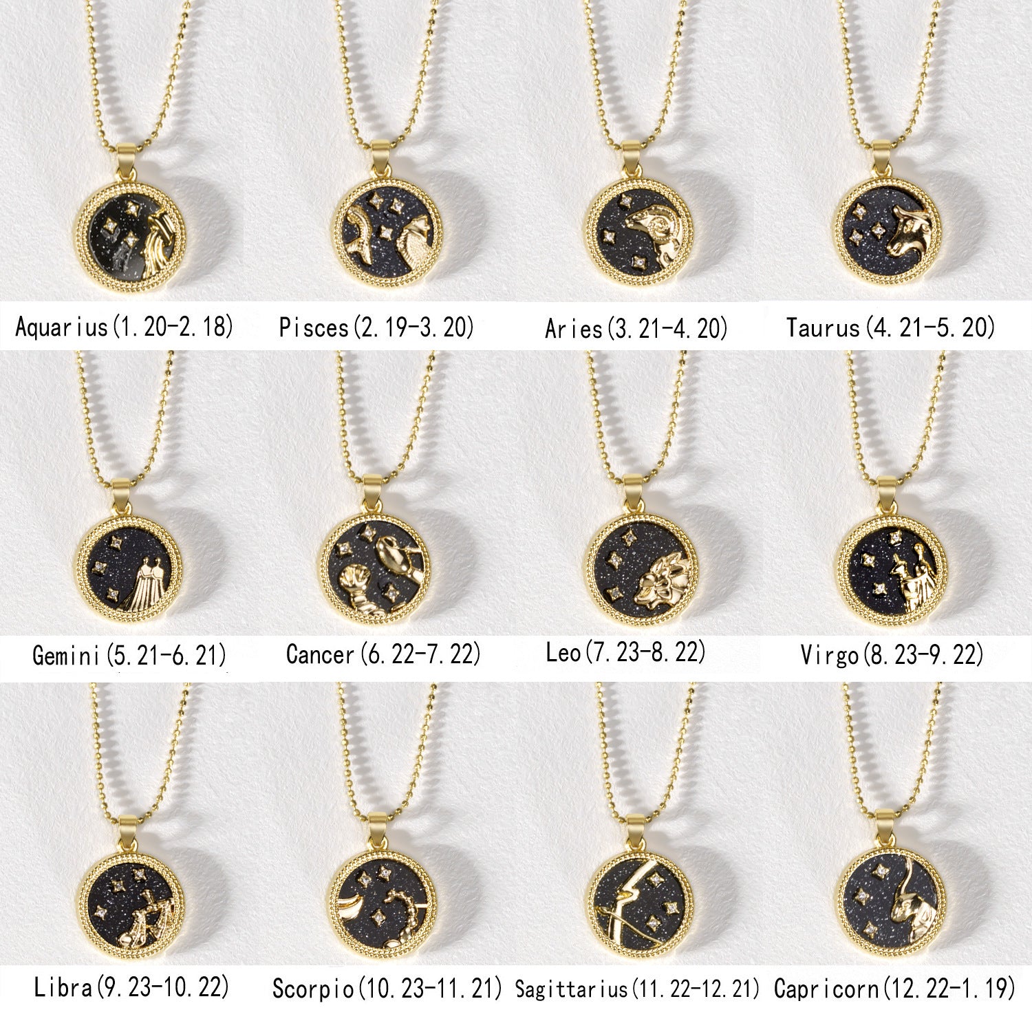 12 Constellation Necklace Creative Gold Day and Night 2 faces Couple Paper Card Necklace Jewelry