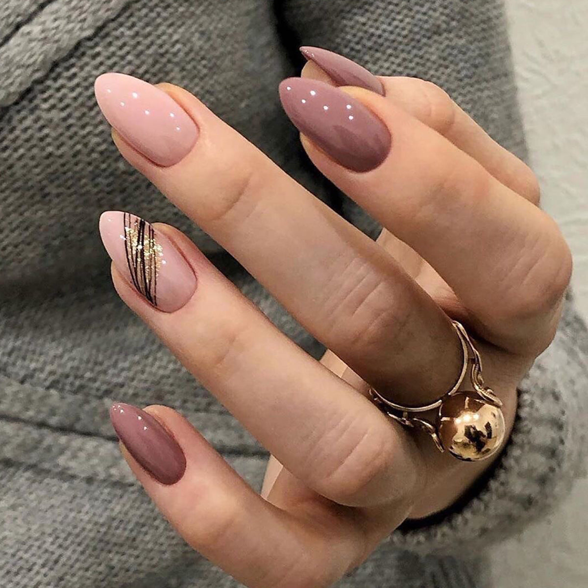 Almond oblique gold thread lotus pink wearable nails finished fake nails nail patch nail patch waterproof