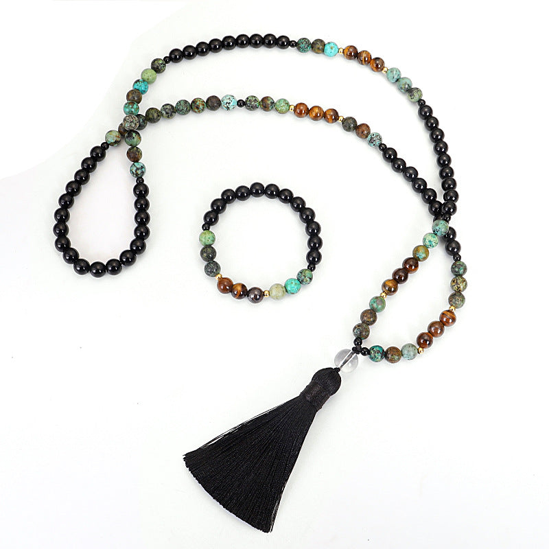 Natural Stone new 108 natural stone necklace bracelet set tiger eye stone African turquoise yoga tassel necklace