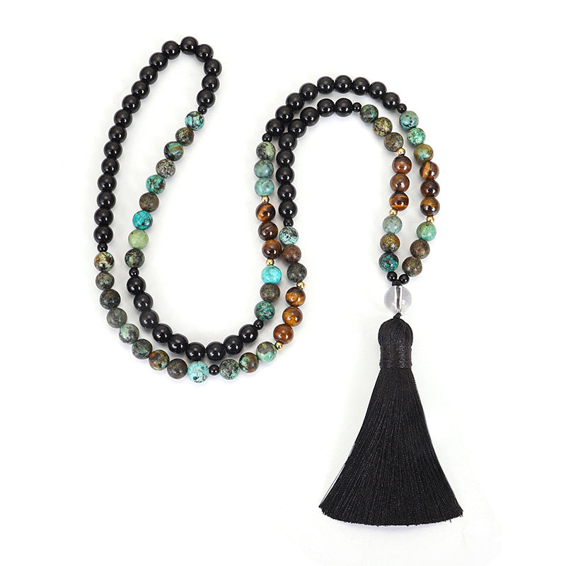 Natural Stone new 108 natural stone necklace bracelet set tiger eye stone African turquoise yoga tassel necklace
