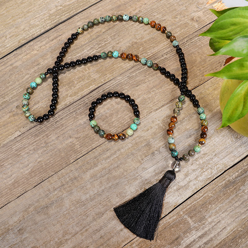 Natural Stone new 108 natural stone necklace bracelet set tiger eye stone African turquoise yoga tassel necklace