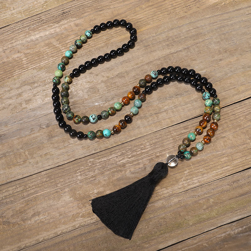 Natural Stone new 108 natural stone necklace bracelet set tiger eye stone African turquoise yoga tassel necklace
