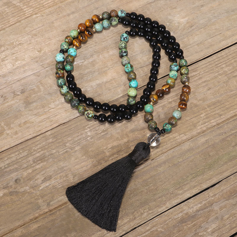 Natural Stone new 108 natural stone necklace bracelet set tiger eye stone African turquoise yoga tassel necklace
