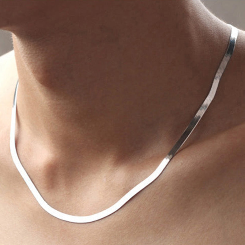 Silver temperament silver necklace men women short clavicle blade chain silver jewelry flat snake bone chain
