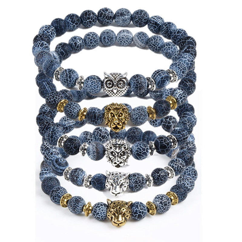 Natural Stone Jewelry 8MM Black Wind Fossil Agate Bracelet Alloy Leopard Head Beaded Bracelet