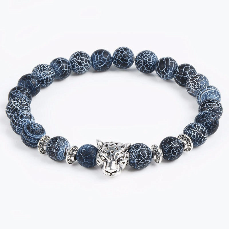 Natural Stone Jewelry 8MM Black Wind Fossil Agate Bracelet Alloy Leopard Head Beaded Bracelet