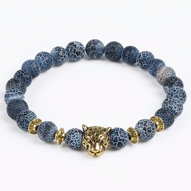 Natural Stone Jewelry 8MM Black Wind Fossil Agate Bracelet Alloy Leopard Head Beaded Bracelet