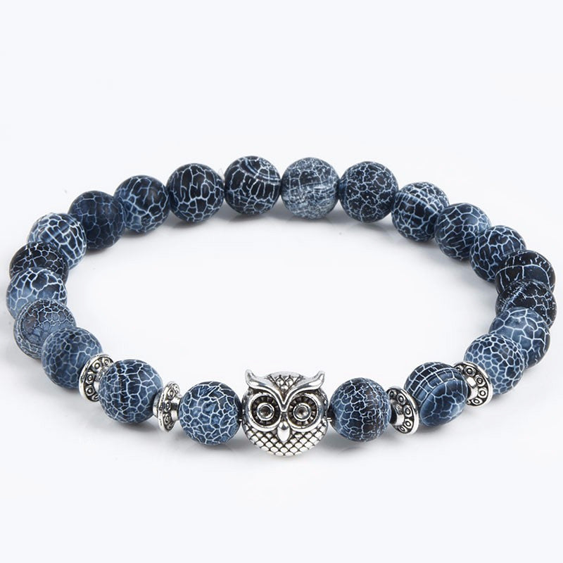 Natural Stone Jewelry 8MM Black Wind Fossil Agate Bracelet Alloy Leopard Head Beaded Bracelet