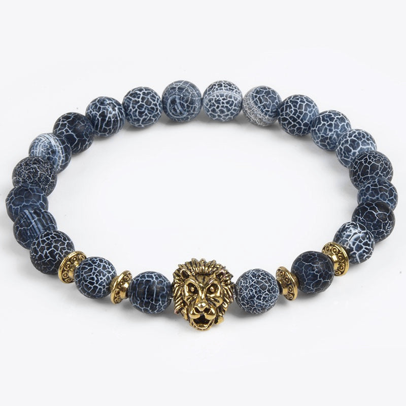 Natural Stone Jewelry 8MM Black Wind Fossil Agate Bracelet Alloy Leopard Head Beaded Bracelet