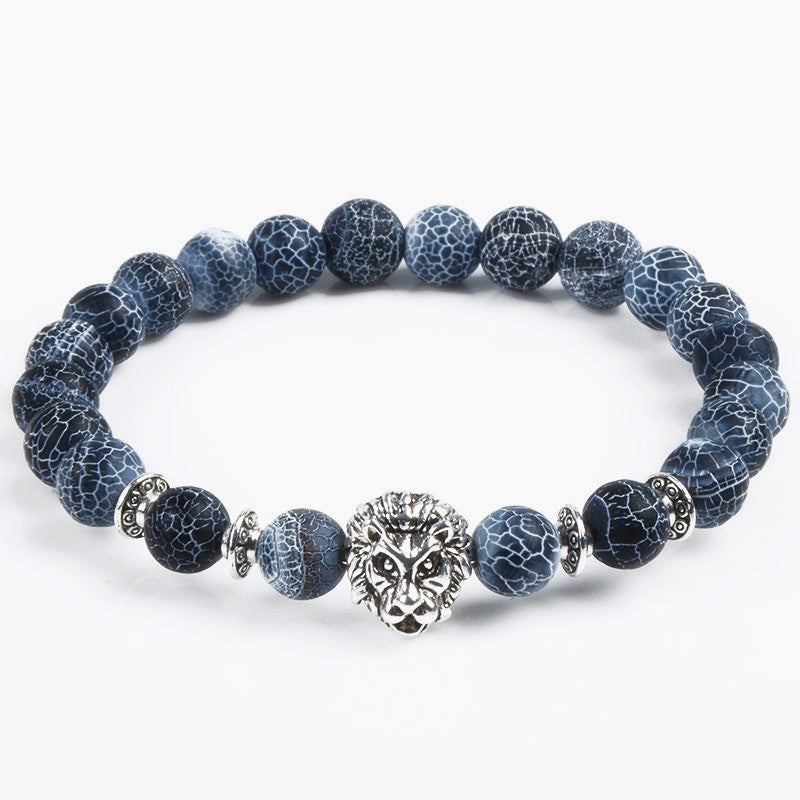 Natural Stone Jewelry 8MM Black Wind Fossil Agate Bracelet Alloy Leopard Head Beaded Bracelet