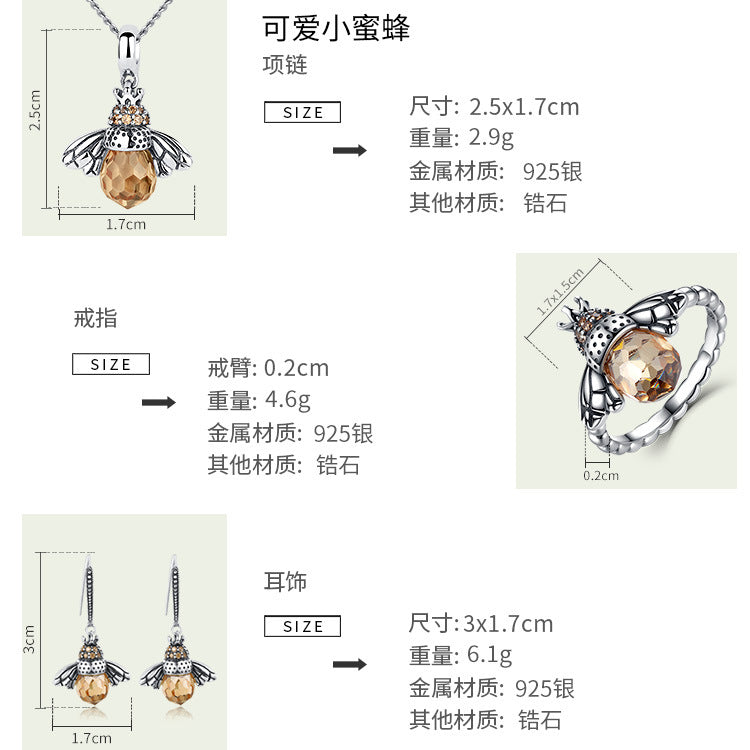 s925 sterling silver set cute little bee crystal necklace ladies banquet high-end jewelry OL