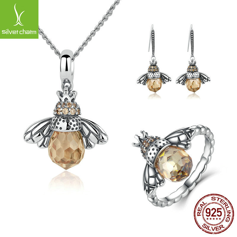 s925 sterling silver set cute little bee crystal necklace ladies banquet high-end jewelry OL