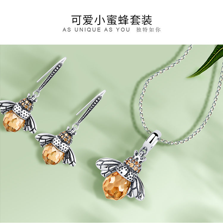 s925 sterling silver set cute little bee crystal necklace ladies banquet high-end jewelry OL