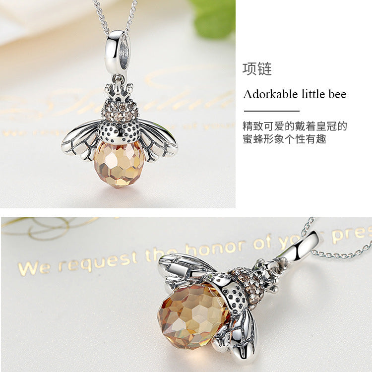 s925 sterling silver set cute little bee crystal necklace ladies banquet high-end jewelry OL