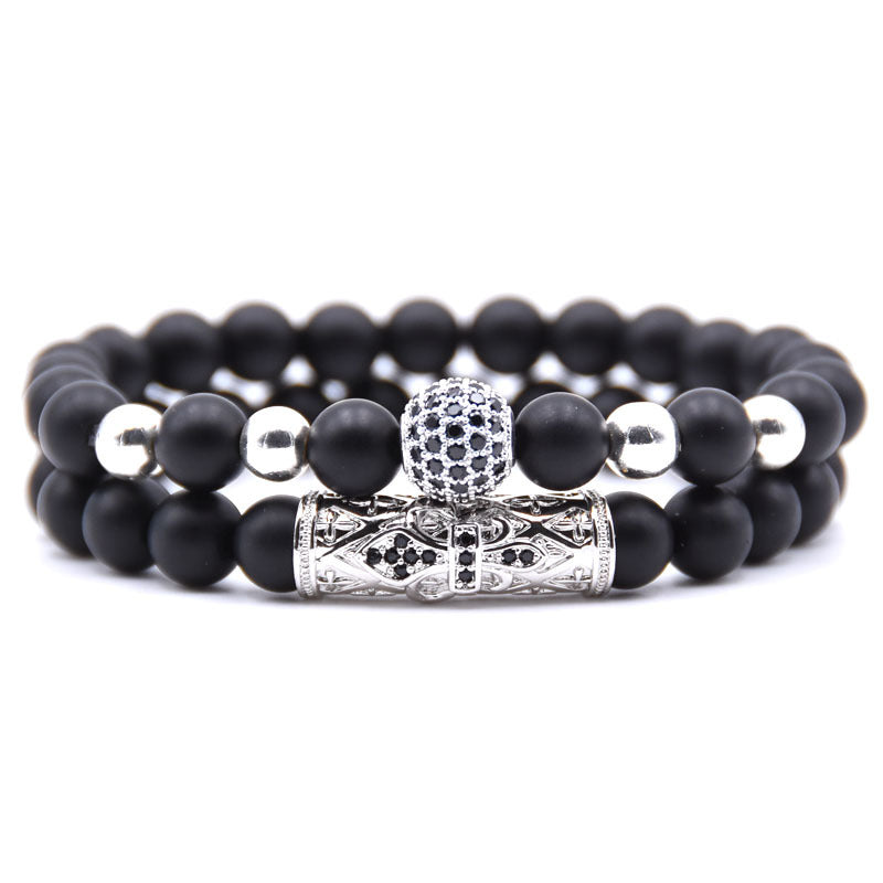 Natural Stone 8mm black matte micro-inlaid zircon bracelet natural stone set elastic bracelet