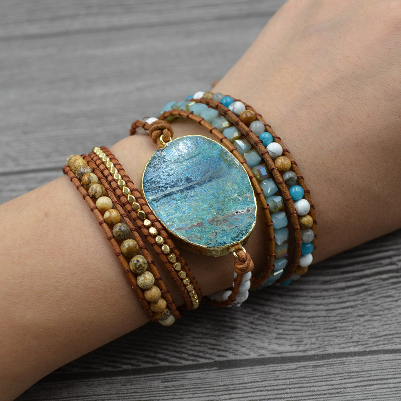 Natural marine stone bracelet beaded natural stone weaving handmade bohemian bracelet