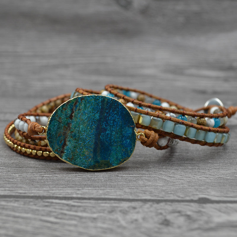 Natural marine stone bracelet beaded natural stone weaving handmade bohemian bracelet