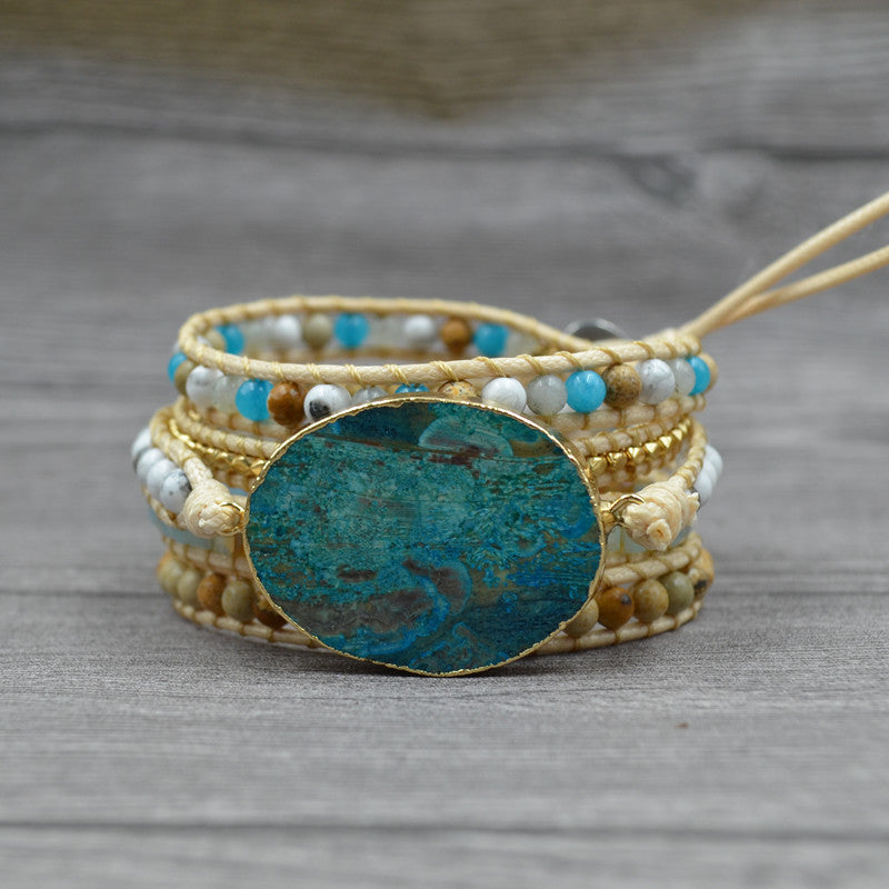 Natural marine stone bracelet beaded natural stone weaving handmade bohemian bracelet