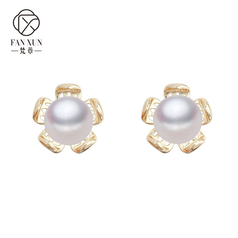 Natural Freshwater Ins simple white pearl earrings female Korean version niche design five-petal flower spring earrings