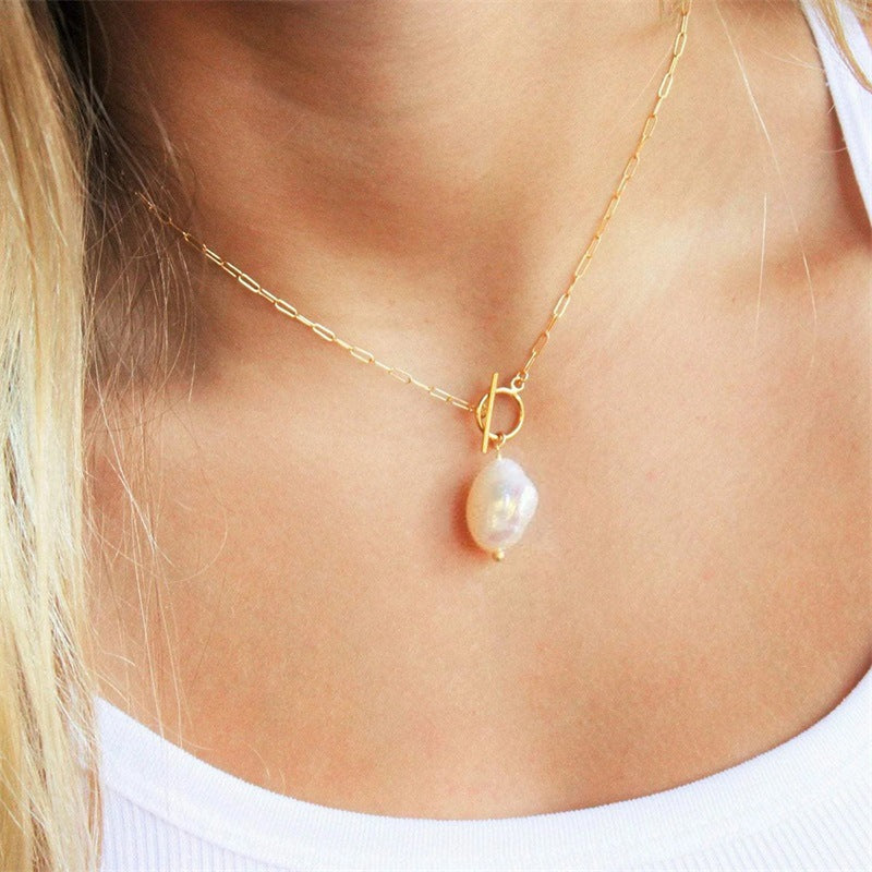 Natural baroque freshwater pearl necklace stainless steel necklace square chain necklace jewelry