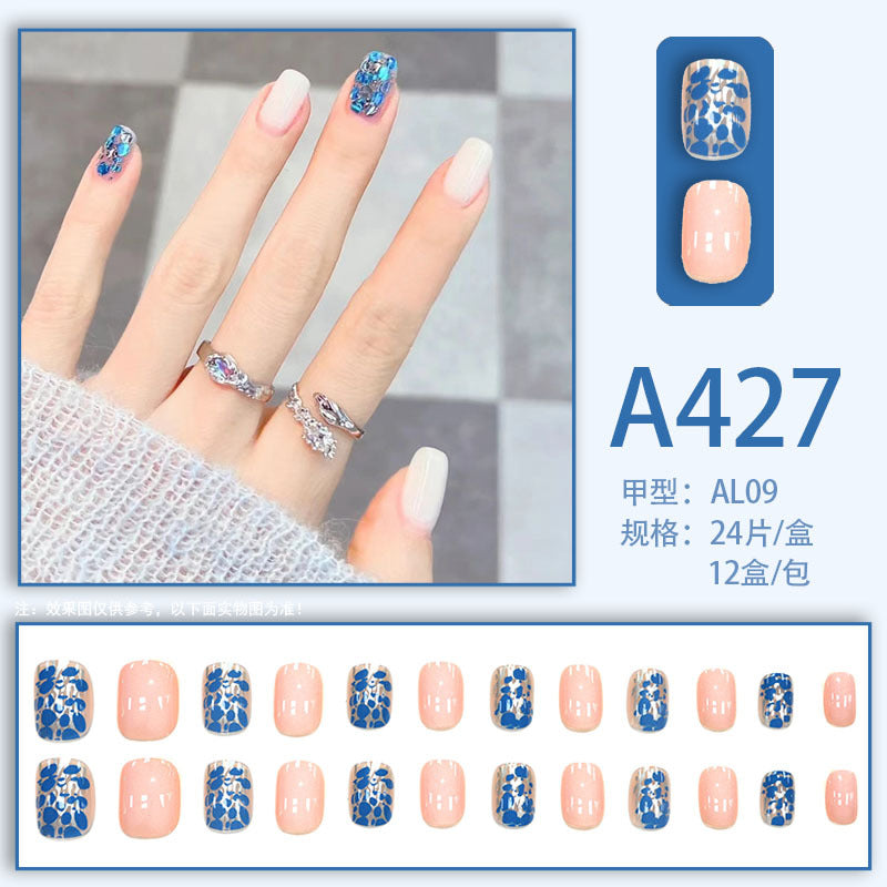 Wearable manicure nail pieces blooming French ins Aurora removable fake nails bow frosted ice transparent small clear