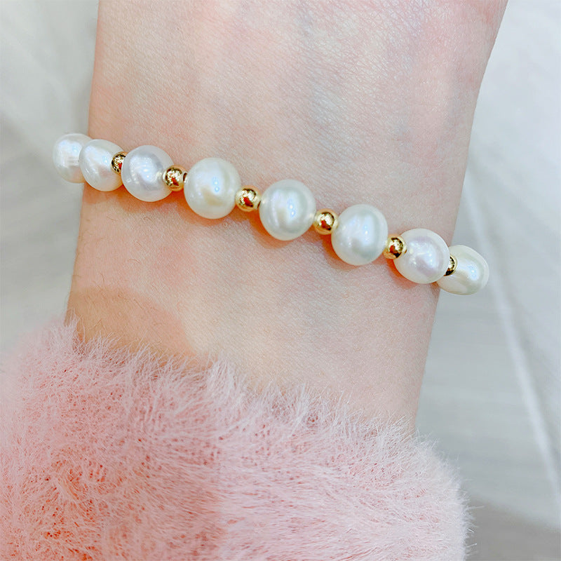 Freshwater pearl simple bracelet female pull niche design ins titanium steel chain bracelet jewelry 14k color