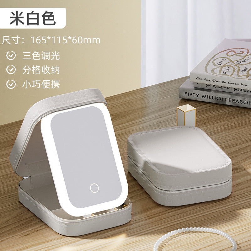 Large capacity LED light small cosmetic mirror travel ins style high-looking portable cosmetic brush dust-proof storage box mirror