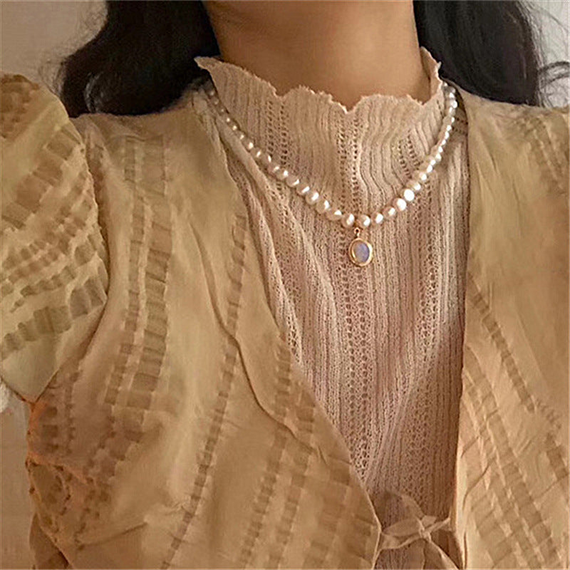 Natural Freshwater Pearl French ins baroque short chain opal crystal pendant Korean drama same necklace clavicle chain female