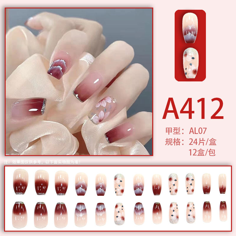 Wearable manicure nail pieces blooming French ins Aurora removable fake nails bow frosted ice transparent small clear