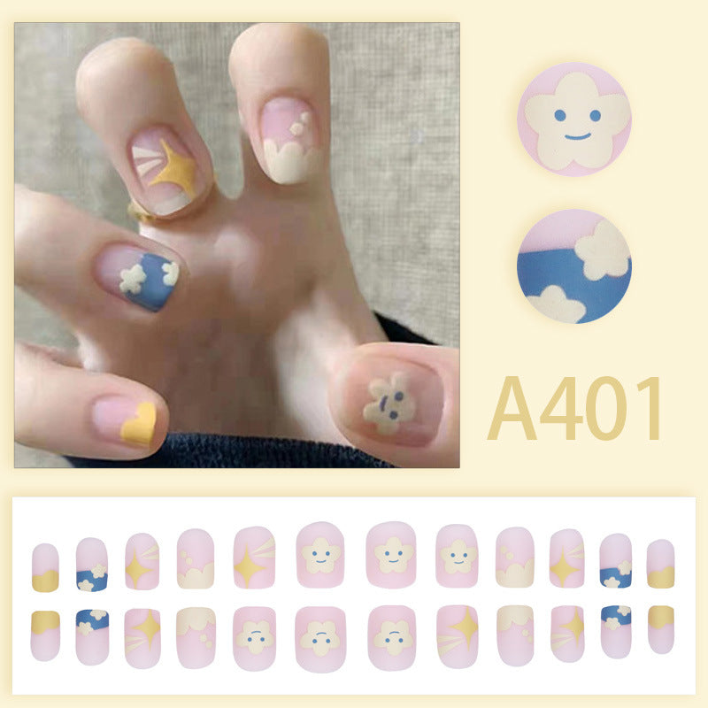 Wearable manicure nail pieces blooming French ins Aurora removable fake nails bow frosted ice transparent small clear