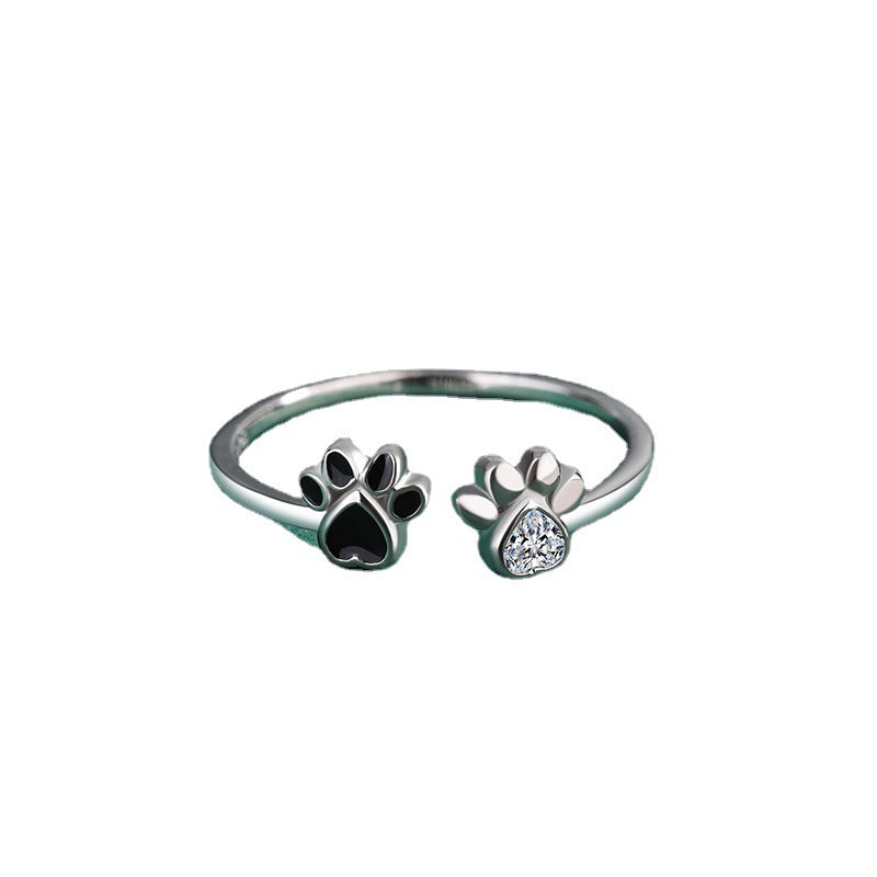 S925 sterling silver ring cute pet paw print S925 open ring fashionable black oil drip ring bracelet